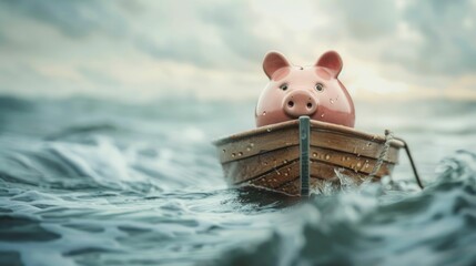 A piggy bank on a surfboard riding the waves of economic growth, collecting coins and avoiding financial pitfalls