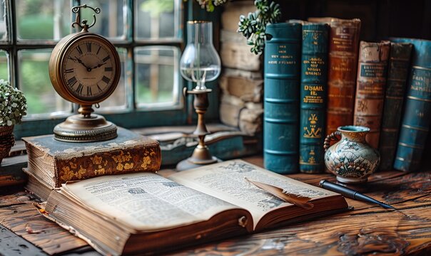 Old quill pen, old book, clock and vintage inkwell on wooden desk in the old office . Retro style