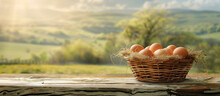 Basket Of Chicken Eggs On A Wooden Table Over Farm