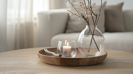 Wall Mural - Close up of round wooden coffee table. Clay bowl with burning candle and glass vase with flower twigs. Scandinavian home interior design of modern living room.