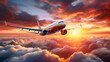 Verkehrsflugzeug fliegt bei Sonnenuntergang am wolkengefüllten Himmel
