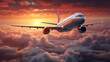 Verkehrsflugzeug fliegt bei Sonnenuntergang am wolkengefüllten Himmel