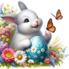 Cute cheerful bunny close-up, smiling broadly and holding a colored egg in his hands, flowers around the butterfly. Easter holiday, a painted egg and a cheerful little rabbit, brightly colorful decora