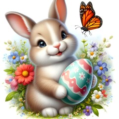 Cute cheerful bunny close-up, smiling broadly and holding a colored egg in his hands, flowers around the butterfly. Easter holiday, a painted egg and a cheerful little rabbit, brightly colorful decora