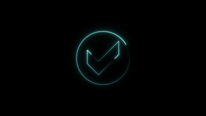 Check mark icon neon light deep cyan color form lines with deep cyan circle illustration. Black background UHD 4k illustration.