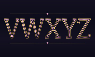 Leinwandbilder - V, W, X, Y, Z golden capital letters with rose gold hearts inside. Decorative font in romantic style.