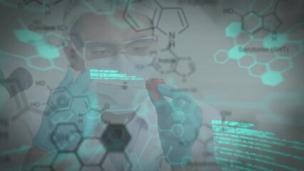 Poster - animation of chemical formula and data processing over caucasian male doctor preparing vaccine