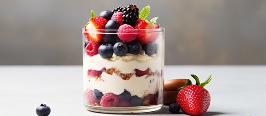 Wall Mural - A glass of Zuppa Inglese made with yogurt and fresh berries, a delicious and nutritious dish combining natural foods and plant ingredients