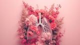 Fototapeta Zwierzęta - Human lungs, flowers, and plants on monochrome pink background