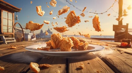 Sticker - crispy fried chicken on a platter in breadcrumbd falling in the air, rustic wooden table