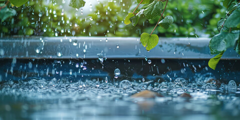 Rainwater Runoff on Urban Ground. Rain Water flow cascading down a suburban outdoor gutter, close-up on wet surfaces.