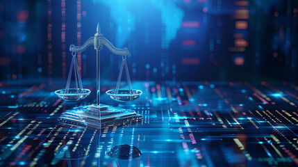 Law scales on background of data center. Digital concept
