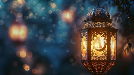 Wall Mural - Golden ornamental arabic lantern illuminated by crescent moon - celebrate ramadan kareem with traditional symbolism