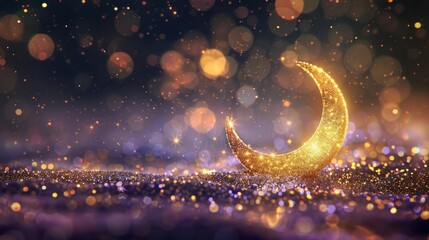 Wall Mural - Radiant ramadan kareem: serene moon gleaming amidst shimmering glitter and abstract, softly focused lights