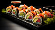 japanese sushi food. Maki ands rolls with tuna, salmon, shrimp, crab and avocado. Rainbow sushi roll, uramaki, hosomaki and nigiri.