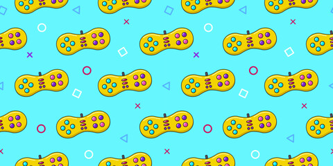 Wall Mural - Vector gamer seamless pattern. Gamepad controller on blue background. Gaming joysticks icons in doodle style. Wallpaper, print, textile, fabric, wrapping. Computer game banner.