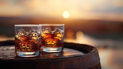 Poster - two whiskey glasses with ice cubes on top of a wooden liquor barrel 