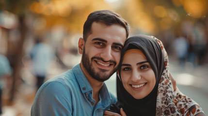 Portrait of a young and happy Turkish couple with handsome man and beautiful woman posing to celebrate their engagement in modern days