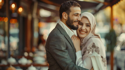 Portrait of a young and happy Turkish couple with handsome man and beautiful woman posing to celebrate their engagement in modern days