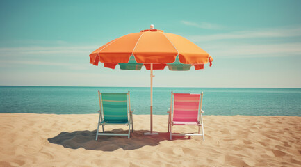 Wall Mural - Two beach chairs under an umbrella on a sandy beach, with a turquoise ocean and palm trees in the background. Perfect for summer vacation and relaxation.