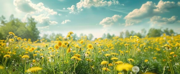 Wall Mural - Beautiful meadow field with fresh grass and yellow dandelion flowers in nature against a blurry blue sky with clouds. Summer spring perfect natural landscape.