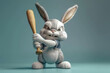 A humorous rabbit character suited up for baseball swinging a bat with a funny missed hit expression