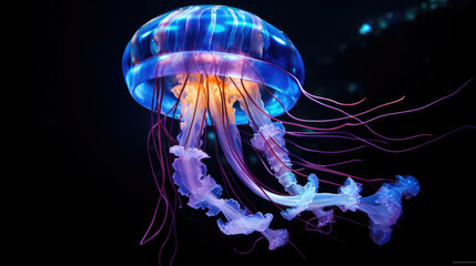 Wall Mural - Luminous jellyfish swim deep in the blue sea jellyfish neon jellyfish fantasy water long strings
