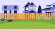 Cottage backyard with green lawn cartoon flat illustration. Summer suburban courtyard 2D line landscape colorful background. Tranquil yard of residential house scene vector storytelling image