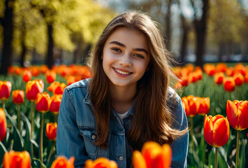 Portrait teenage girl walking in spring park with colorful tulips outdoors. Happy smiling teen in casual clothes at summer natural park in day sunshine. Caucasian student girl lifestyle