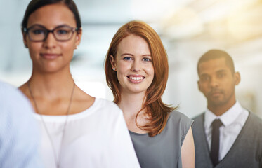 Canvas Print - Portrait, team and happy business woman in queue at office or workplace of entrepreneur. Face, group and professional people in a row together for cooperation or collaboration of diverse advisors