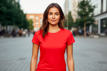Young woman wearing blank red t-shirt outdoors. Mockup t-shirt template. Portrait of beautiful woman.