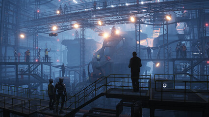 Production of military futuristic ship at the factory. People and robots Future concept. 3d rendering.