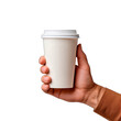 A hand grips a matte white coffee cup with a snug lid, showcased against a dark backdrop, in PNG format with a transparent background, ideal for customization.