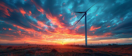 Aufkleber - Alternative energy resources, white wind turbine outside of city, electric generator against cloudy sky and sunset, windmill on field at night