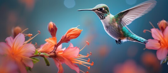 Poster - A Hummingbird with iridescent feathers is perched on a delicate flower branch, using its long beak to sip nectar while its wings flutter rapidly