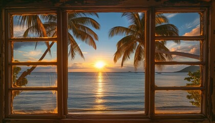 Wall Mural - Through the window: azure ocean, swaying palms, golden sunset 🌅 Ideal for wallpapers, screensavers, and digital postcards capturing evening tranquility