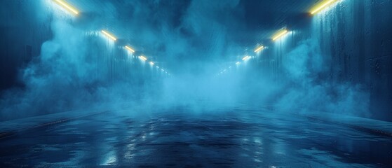 Poster - It is a damp street, wet asphalt, and rays are reflected in the water. There is smoke and smog in the air. A dark, empty scene is illuminated by neon lighting. The concrete floor is bare.