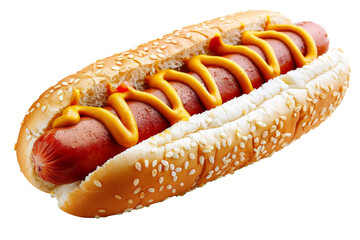 Poster - Shot on white background of an old-fashioned hot dog with mustard and sesame seed bun.