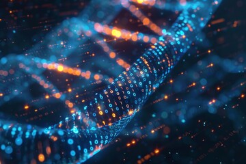 Poster - DNA molecules with binary code, 3d render, dark background
