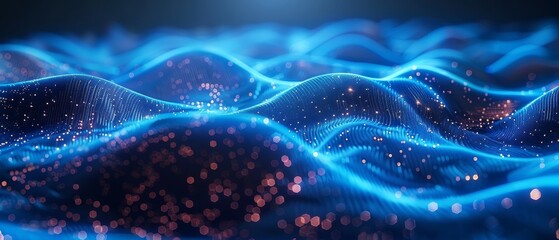 Poster - Dark blue abstract cyberspace background with an abstract wave shape over a low-polygonal triangular background.