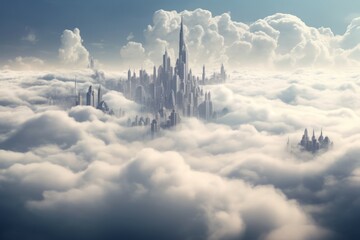 Poster - Towering Pink clouds skyscraper. Nature pastel. Generate Ai