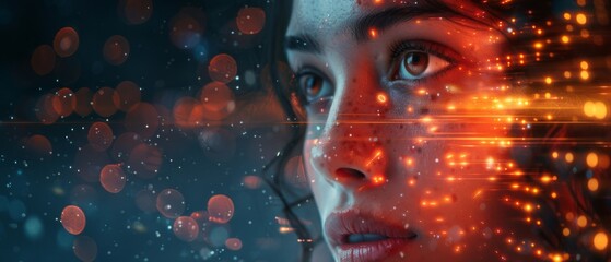 Aufkleber - Internet connection, big data, digital marketing, IoT internet of things. Woman surfing the internet on a modern computer. Innovative technology background.