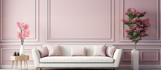 Sticker - An interior design with pink walls and a white couch in a building. The flooring is grey, and the furniture includes a rectangle wooden coffee table. The overall aesthetic includes touches of purple