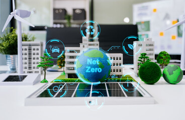 Business planning for working technology and business Net zero and carbon neutral concept.NET ZERO icons and symbols save the eco world and reduce pollution.