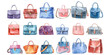 Set of watercolor women's fashion bags on white background.