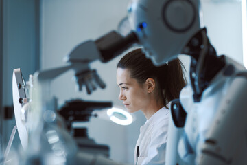 Wall Mural - ai robot examining samples under a microscope