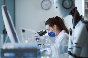 Wall Mural - scientist and humanoid ai robot in the science lab