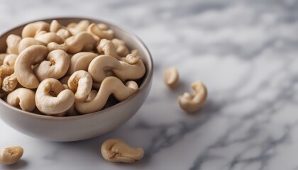 view of Raw cashews nuts in bowl on marble background