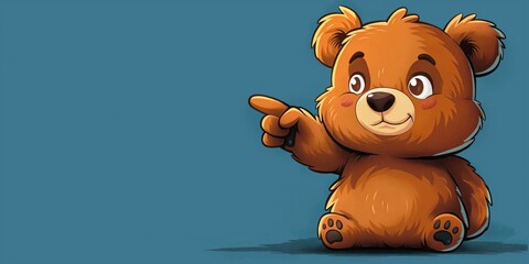 Sticker - cartoon character plush teddy bear points finger at copy space on a blue isolated background