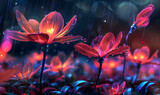 Fototapeta Kwiaty - Neon flowers at rainy night, Generative AI 